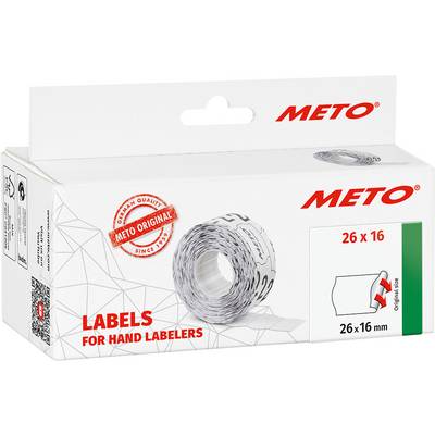 Krabica s etiketovými rolkami značky Meto, vhodná pre ručné etiketovacie prístroje. Potlač 'Labels for Hand Labelers', veľkosť 26x16 mm.