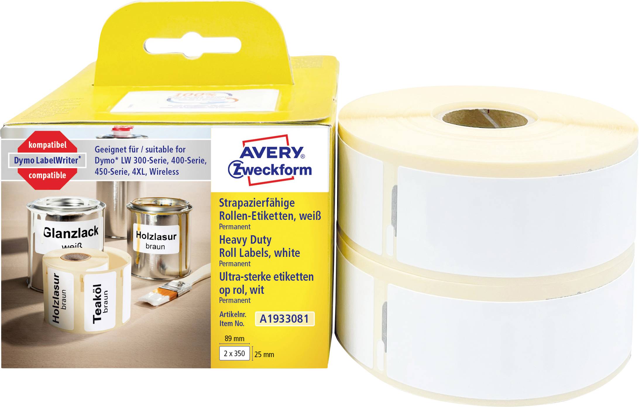 Zvitky etiketiek Avery Zweckform v bielom baliacom boxe, s priloženým zoznamom kompatibilných tlačiarní Dymo LabelWriter a dvoma veľkými zvitkami bielych etiketiek vedľa neho.