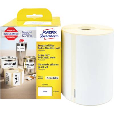 Avery Zweckform biele etikety na role kompatibilné s Dymo LabelWriter, zobrazené ako veľká valec s etiketami a balenie produktu.