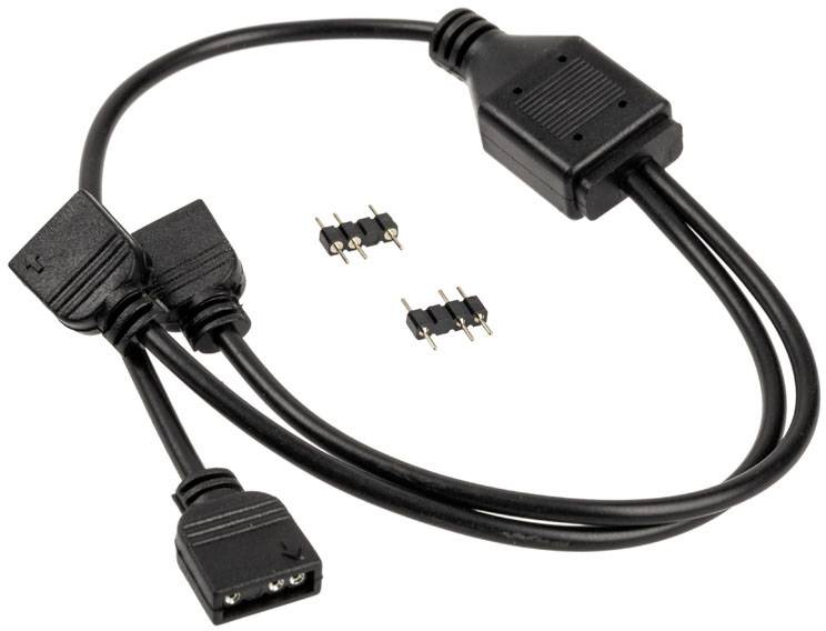 Čierne Y-kábel s dvomi konektormi a dvomi malými kolíkovými lištami na pripojenie elektronických komponentov.