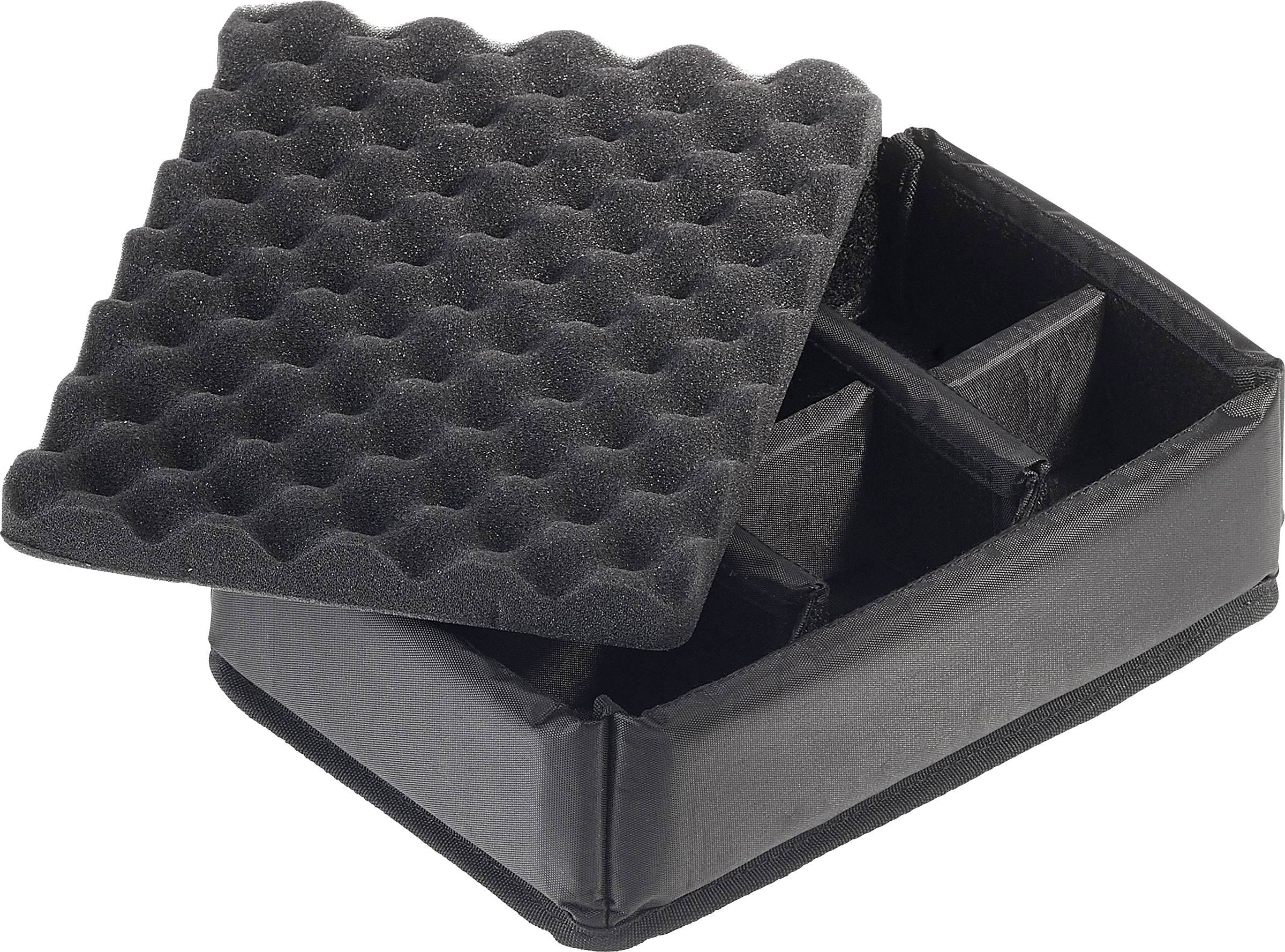 Čierna box s výplňou zo špeciálnej peny, s odnímateľným vlnitým krytom a štyrmi priehradkami, vhodná na bezpečné uchovávanie citlivých predmetov.