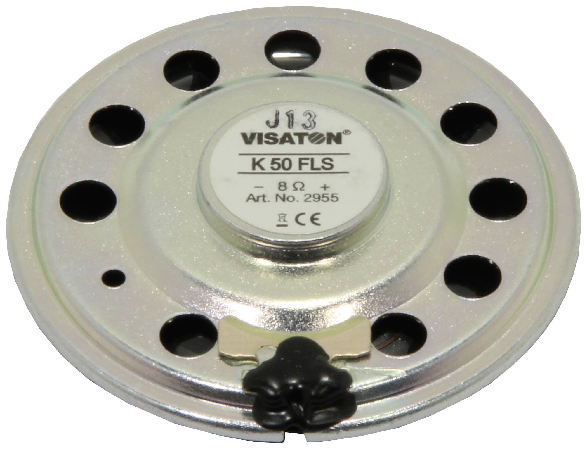 Reproduktorový komponent s nápisom 'VISATON K 50 FLS', 8 ohmov, č. výrobku 2955. Strieborný kovový kryt s okrúhlymi otvormi.