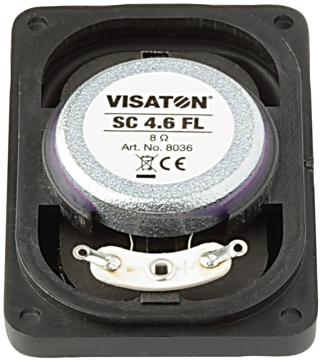 Obdĺžnikový reproduktor pohľadom zozadu s nápisom 'VISATON SC 4.6 FL' a '8 Ohm, Art. Nr. 8036'.