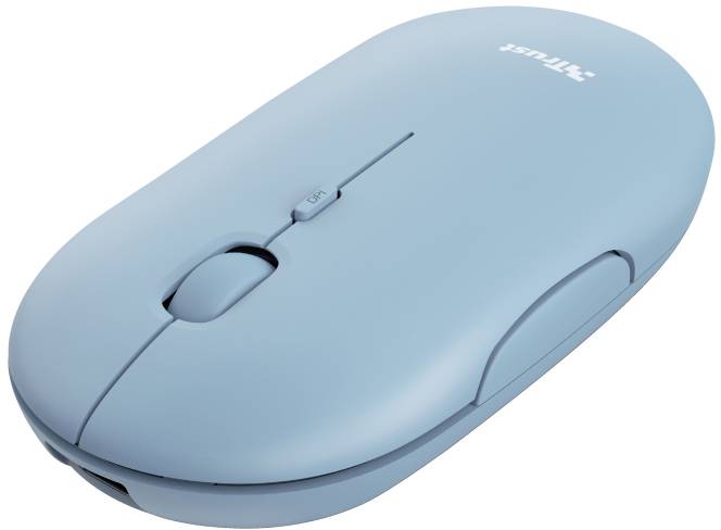 Modro-sivá bezdrôtová myš s ergonomickým dizajnom a dvoma tlačidlami.
