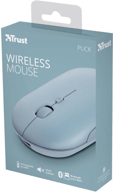 Balenie bezdrôtovej myši Trust, model Puck, v modrej farbe. Zvýraznené vlastnosti: nabíjateľná cez USB-C, tiché tlačidlá, pripojenie Bluetooth a 2,4 GHz.
