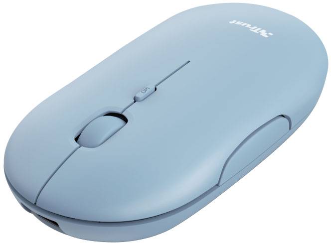 Bezdrôtová modrá počítačová myš s ergonomickým dizajnom.