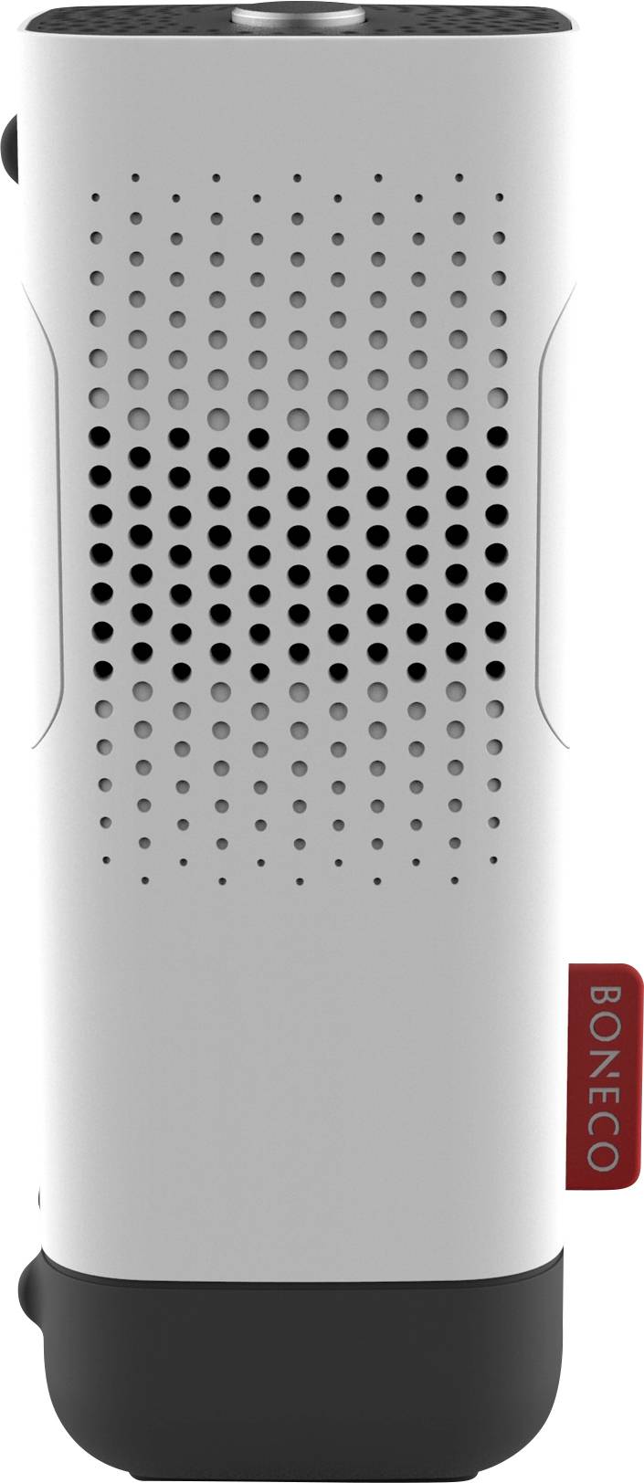 Biely čistič vzduchu s čiernou spodnou časťou a červeným logom 'Boneco'. Vertikálne ventilačné otvory na prednej strane.