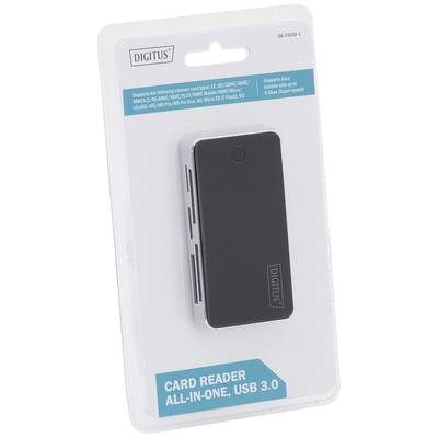 Čítačka kariet „DIGITUS", podporuje SD, microSD, MS, M2, CompactFlash. Pripojenie: USB 3.0. Podporuje prenos dát až do 5 gigabitov/sekundu.