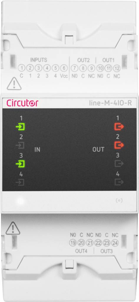 Elektrické riadiace zariadenie so štyrmi zelene označenými vstupmi a dvomi červene označenými výstupmi. Logo výrobcu 'Circutor'.