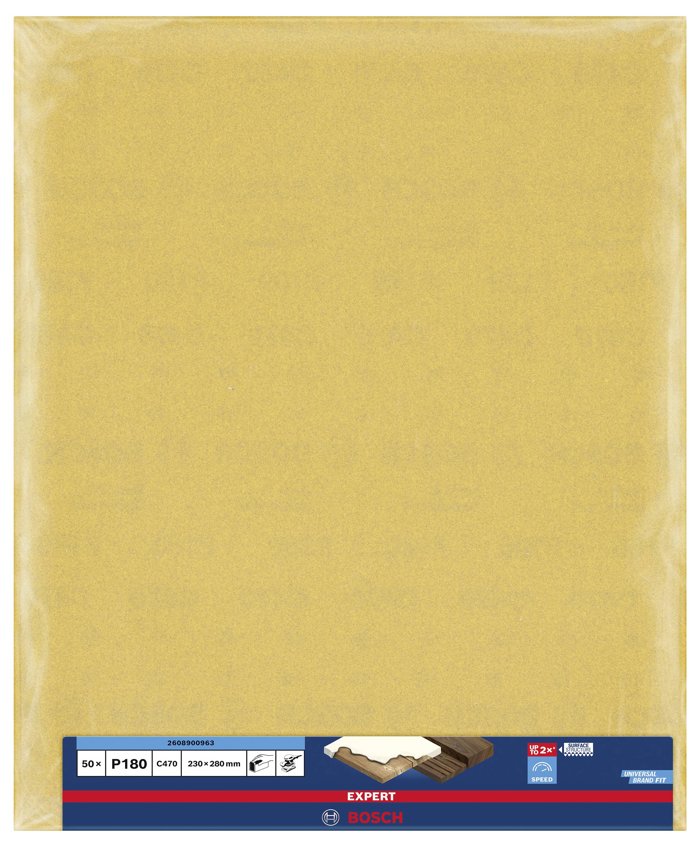 Brúsny papier Bosch P180, veľkosť 230x280 mm, vhodný pre drevárske práce. Obal zobrazuje logo značky a detaily produktu.