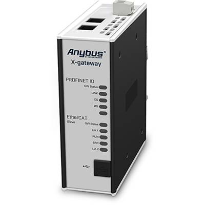 Anybus X-gateway modul na prepájanie zariadení, s indikátormi stavových svetiel pre 'PROFINET IO' a 'EtherCAT Slave'.