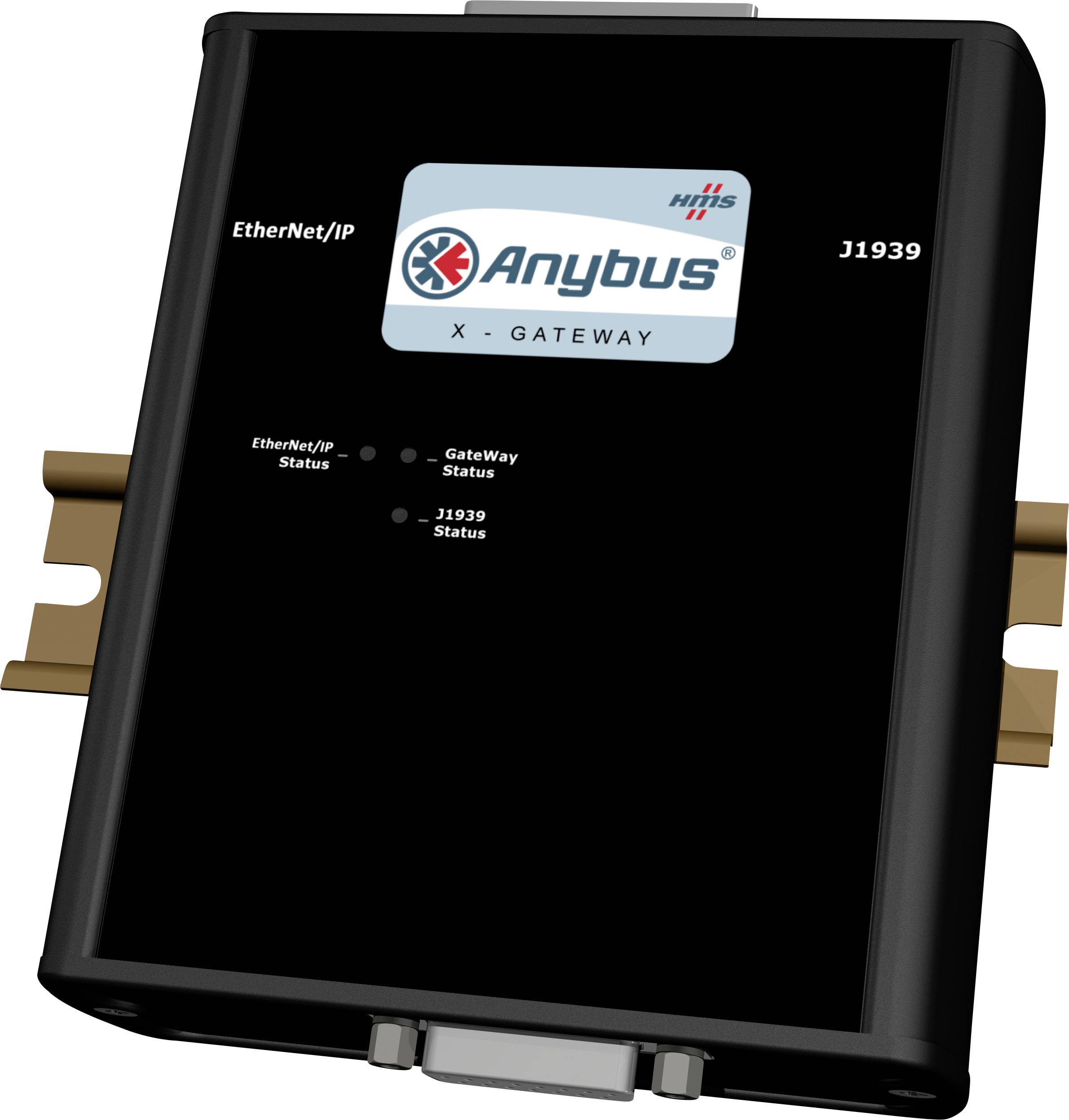 Čierne elektronické zariadenie s názvom 'Anybus X-Gateway' na prepojenie sietí EtherNet/IP a J1939. Indikátory stavu.