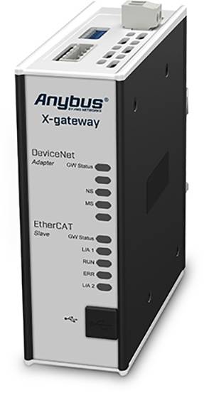 Zariadenie 'Anybus X-gateway' na prepojenie sietí DeviceNet a EtherCAT. Zobrazuje indikátory pripojenia a stavu.