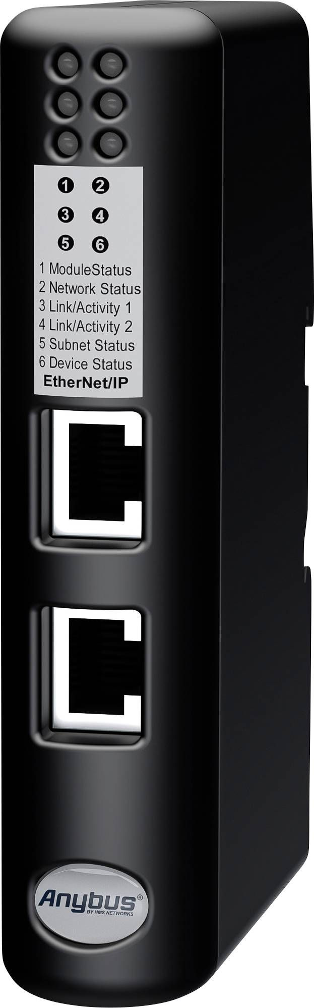 Zariadenie Anybus s dvomi ethernetovými portami a indikátormi stavu pre moduly, sieť, pripojenie, podsieť a zariadenie na prednej strane.