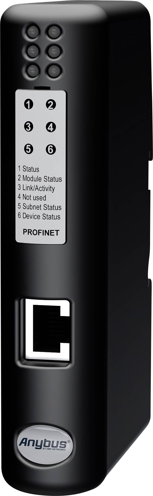 Čierny modul so šiestimi LED a ethernetovým pripojením. LED indikujú stavové informácie: stav, stav modulu, prepojenie/aktivitu, stav podsiete a zariadenia. Obchodná značka dole.