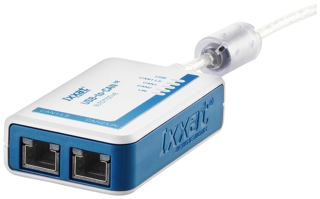 Bielo-modrý USB-CAN adaptér s dvoma ethernetovými portami, prepojený transparentným káblom s plastovým obalom.