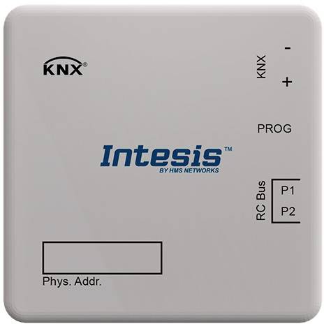 Biele zariadenie Intesis-KNX s programovacím tlačidlom, RC-zbernicovým pripojením a priestormi pre fyzickú adresu. Vhodné pre riadenie budov.