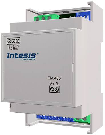 Sivé elektrické zariadenie s nápisom 'Intesis EIA 485 A+ B-'. Nahore a dole sú viditeľné prípojky.