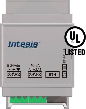 Sivé elektronické zariadenie s nápisom 'Intesis'. Má prípojky pre 'Port A' a 'ETH', ako aj označenie 'UL Listed'.