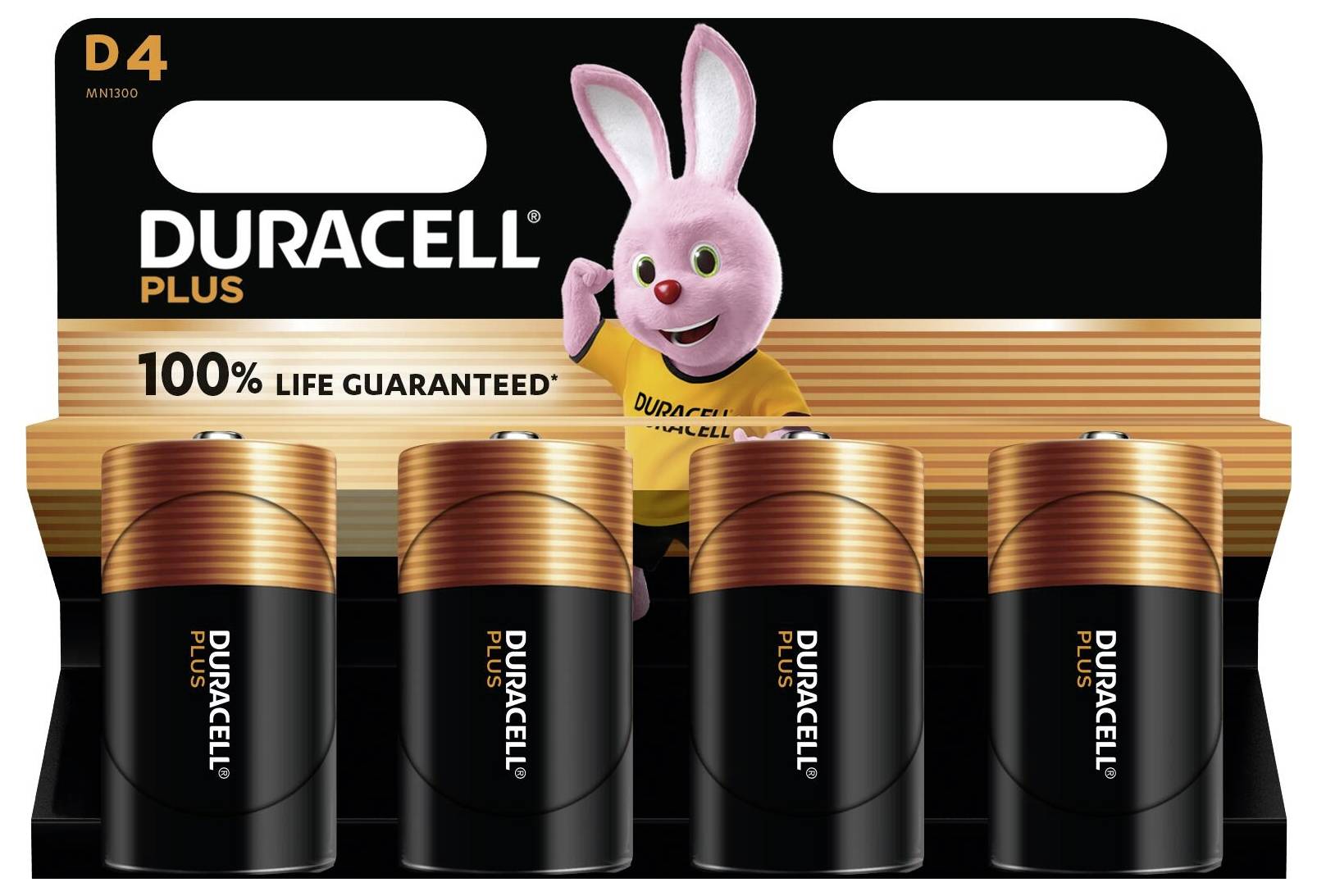 Štyri-balenie batérií Duracell Plus D s obalom obsahujúcim ružového zajačika maskota a text "100% Životnosť zaručená".