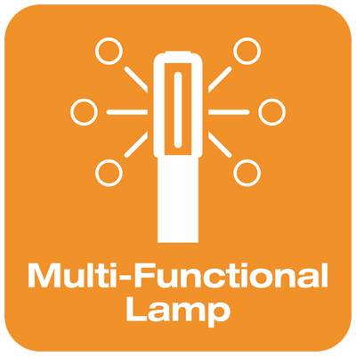 Štylizovaná lampa na oranžovom pozadí, obklopená abstrahovanými svetelnými lúčmi. Text dole: 'Multifunkčná lampa'.