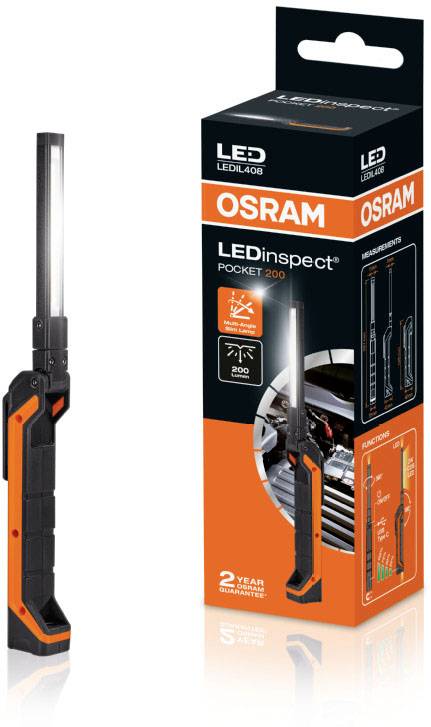 Ručná lampa s elegantným dizajnom a LED technológiou. Je zobrazená vo zvislej polohe, vedľa nej je balenie s technickými údajmi.