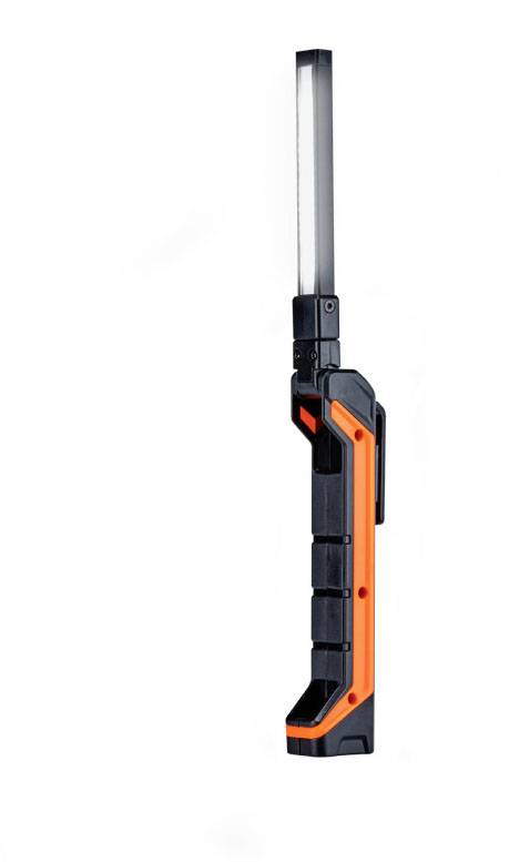 Ručná lampa s čiernym a oranžovým plášťom, s dlhou úzkou svietiacou hlavou. Ideálna pre práce v dielni a ťažko dostupné priestory.