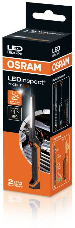 Obal prenosnej LED pracovnej lampy od OSRAM, model 'LEDinspect POCKET 200', s vizuálnym znázornením funkcií a svietivosti 200 lumenov.