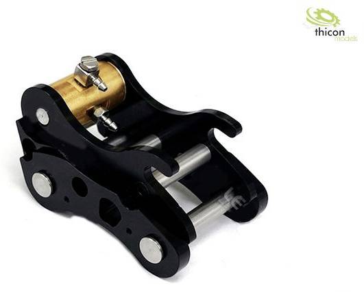 Mechanická modelová súčiastka z čierneho kovu so zlatým valcom a striebornými spojovaciami tyčami; logo 'thicon models' v pravom hornom rohu.