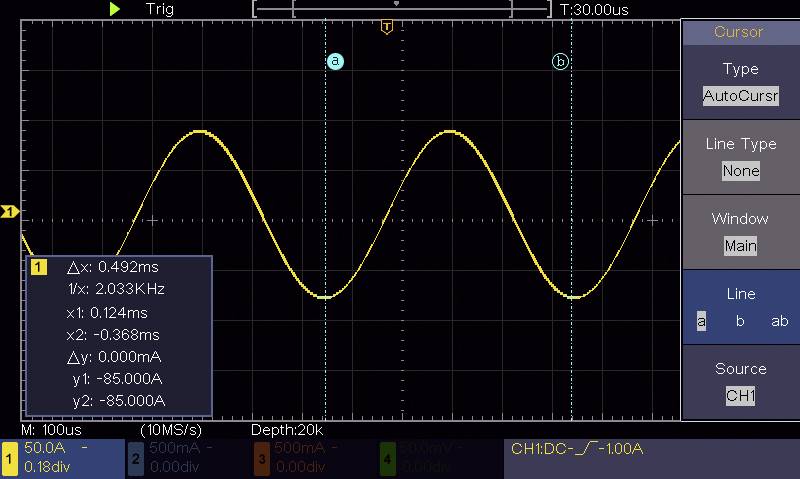 Osciloskopický displej zobrazuje sínovú vlnu s frekvenciou 2,033 kHz. Amplitúda: 0,368 mA, špičkové hodnoty pri 85 mA. Dve zvislé značky na vlne.