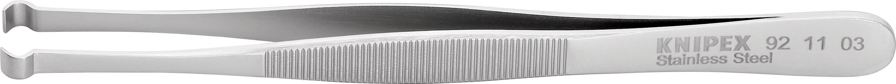 Pinzeta z nehrdzavejúcej ocele s vrúbkovaným povrchom a zaoblenými hrotmi, s vyrytým označením 'KNIPEX 92 11 03 Stainless Steel'.
