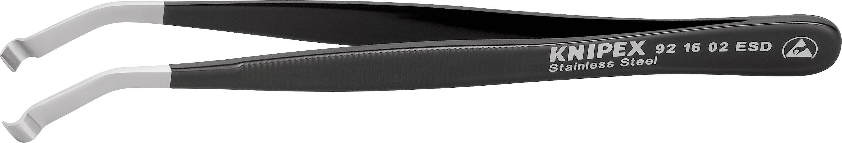 Pinzeta z nehrdzavejúcej ocele s úzkymi, zakrivými hrotmi, čierna rukoväť, nápis 'KNIPEX 92 16 02 ESD Stainless Steel'.