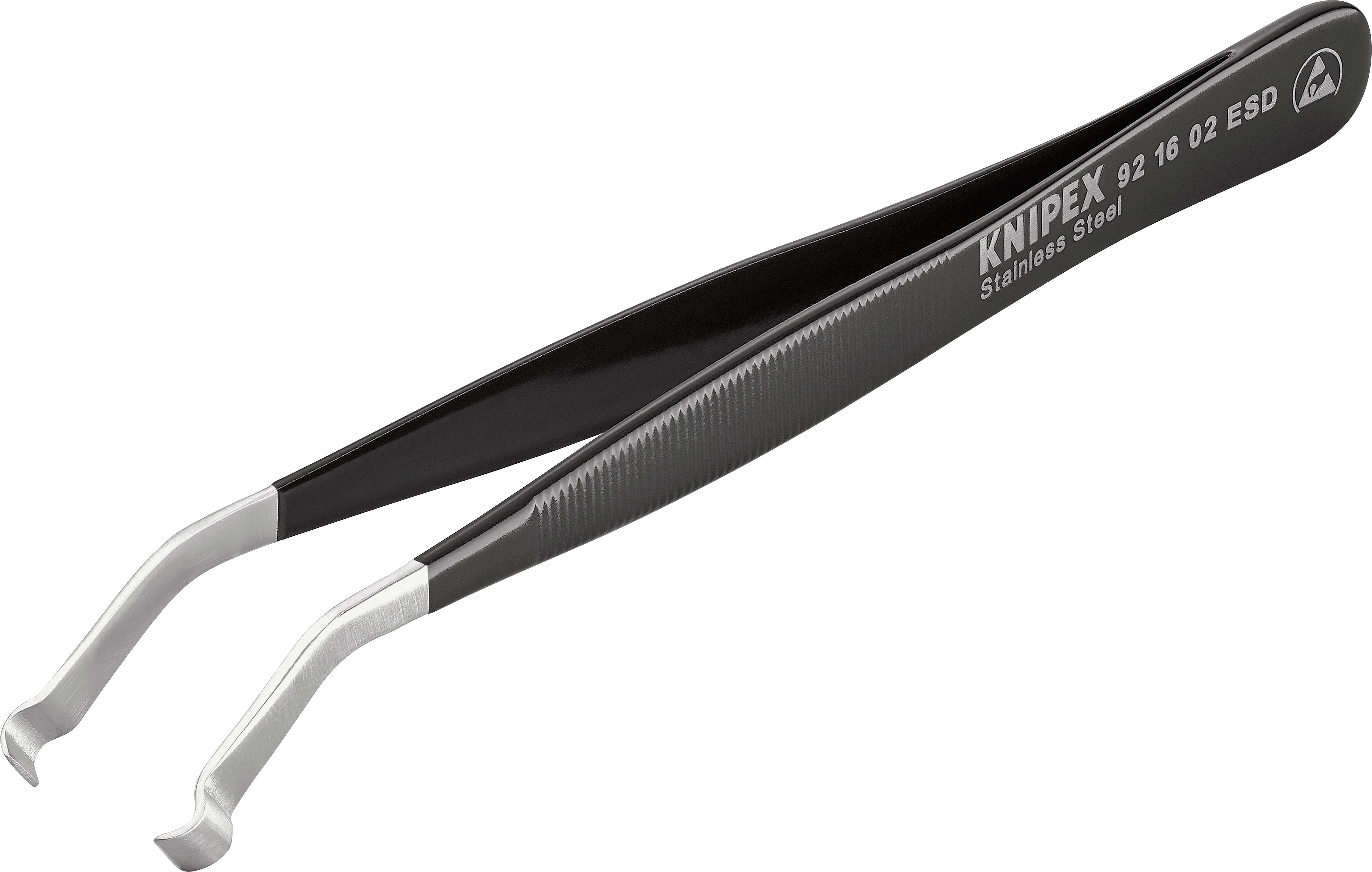 Čierna pinzeta so zahnutými hrotmi, na ktorej je napísané „Knipex 92 16 02 ESD Nerezová oceľ".