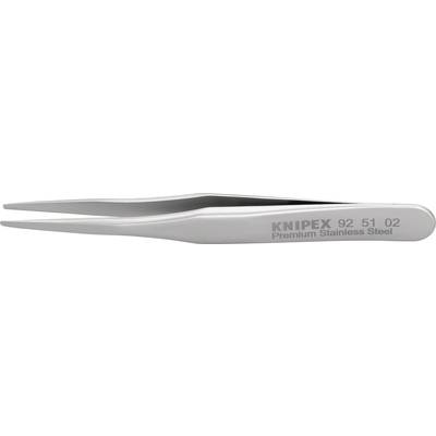 Strieborné pinzety z nehrdzavejúcej ocele, označené nápisom 'KNIPEX 92 51 02 Premium Stainless Steel', na bielom pozadí.
