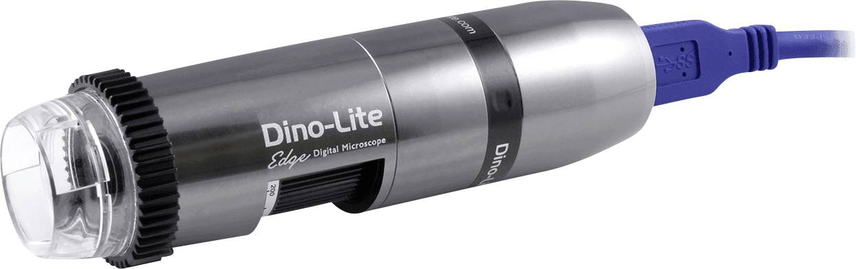 Digitálny ručný mikroskop v striebornej valcovitej forme, s nápisom 'Dino-Lite', modrý USB kábel, vhodný pre detailné zábery a priblíženia.