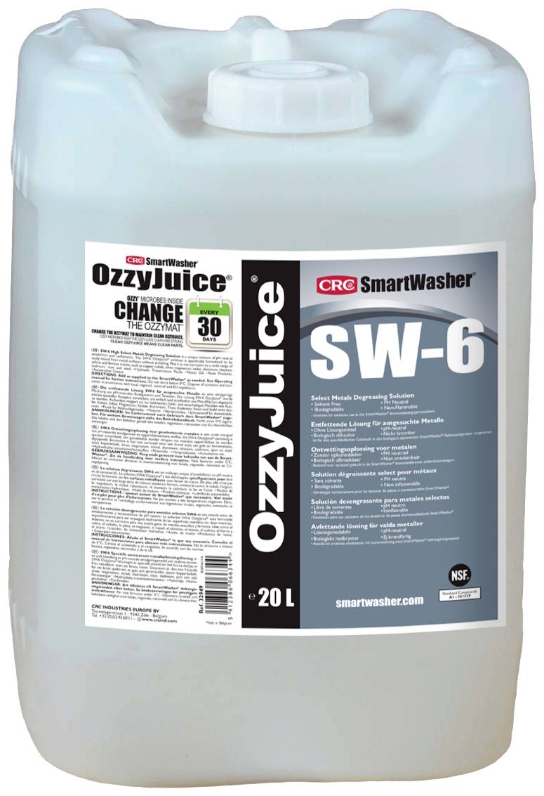 20-litrový kanister s čistiacim roztokom 'OzzyJuice SW-6' od spoločnosti CRC SmartWasher, vhodný pre priemyselné čistiace aplikácie.
