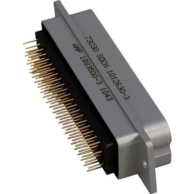 Obdĺžnikový elektronický konektor s viacerými zlatými kolíkmi a sivým krytom. Text na kryte obsahuje čísla a produktové kódy.