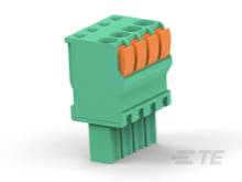 Zelený elektrický konektor s šiestimi oranžovými pákami, pohľad z boku, používaný na prepojenie viacerých káblov.