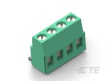 Zelený, obdĺžnikový elektrický konektor so štyrmi otvormi; používaný na prepojenie káblov.