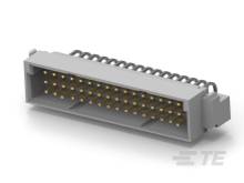 Obrázok obdĺžnikového elektronického konektora s viacerými zlatými kontaktnými kolíkmi.