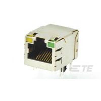 Ethernetový konektor v detailnom zábere, zobrazujúci kovové kontakty a farebné indikátory. Primárne používaný pre sieťové pripojenia.