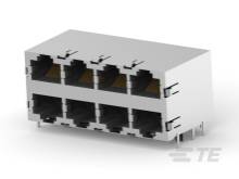 Šesťnásobná zásuvka RJ45, vhodná pre sieťové pripojenia. Dizajn umožňuje viacero pripojení v kompaktných zariadeniach.