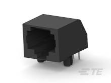 Čierny ethernetový sieťový port s pinmi, pohľad spredu a mierne z boku, na bielom pozadí.