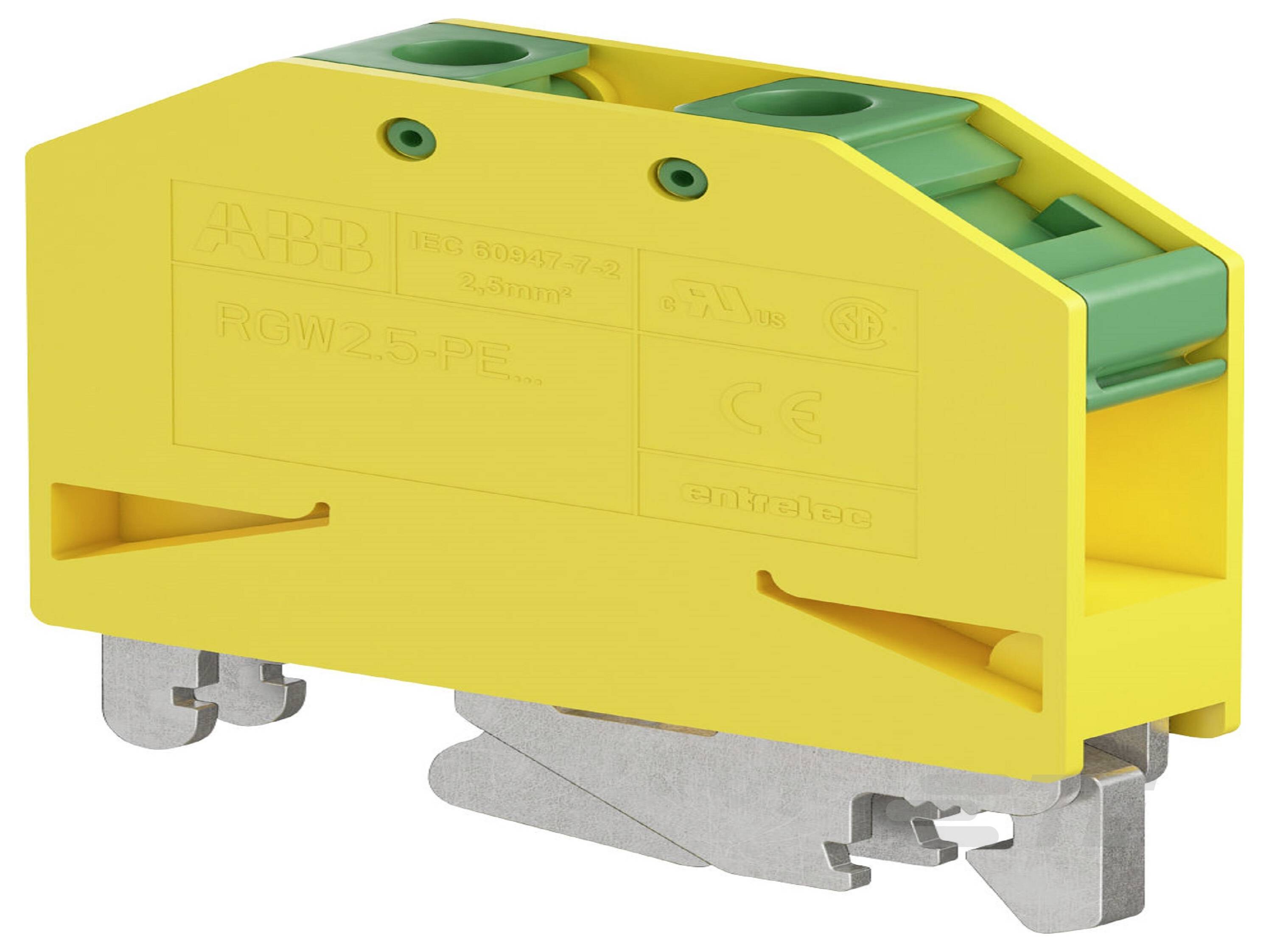 Žltá elektrickej komponent so zelenými prvkami, obsahujúci zapojenie obvodu označené "ABB" a "RGB 2.5-PE".