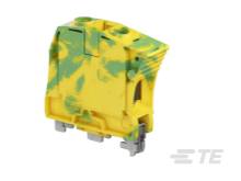 Žlto-zelený, obdĺžnikový elektrický svorkovnicový blok s kovovými kontaktmi dole.
