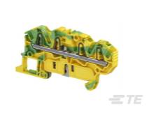 Žlto-zelená elektrická svorka, pohľad z boku, zobrazuje mechanizmus pripojenia a kovové kontakty. Používaná v rozvádzačoch.