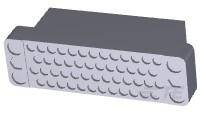 Obdĺžnikový sivý Lego kocka s ôsmimi výstupkami na vrchu, pohľad z boku.