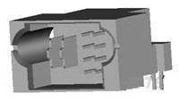 Sivý 3D model technickej súčiastky s viacerými výstupkami a výrezmi, pravdepodobne elektronický alebo mechanický komponent.