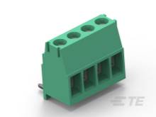 Zelený konektorový spoj so štyrmi vstupmi, pohľad z boku. Vhodný pre elektroinštalácie alebo elektronické dosky.