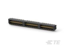 Čierny elektronický konektor s dvoma radmi zlatých pinov, pohľad z boku. Vhodný na prepojenie elektronických komponentov.